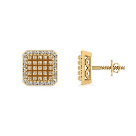 10K Yellow Gold Round Diamond Square Shape Designer Mens Stud Earring 1/5 Ctw
