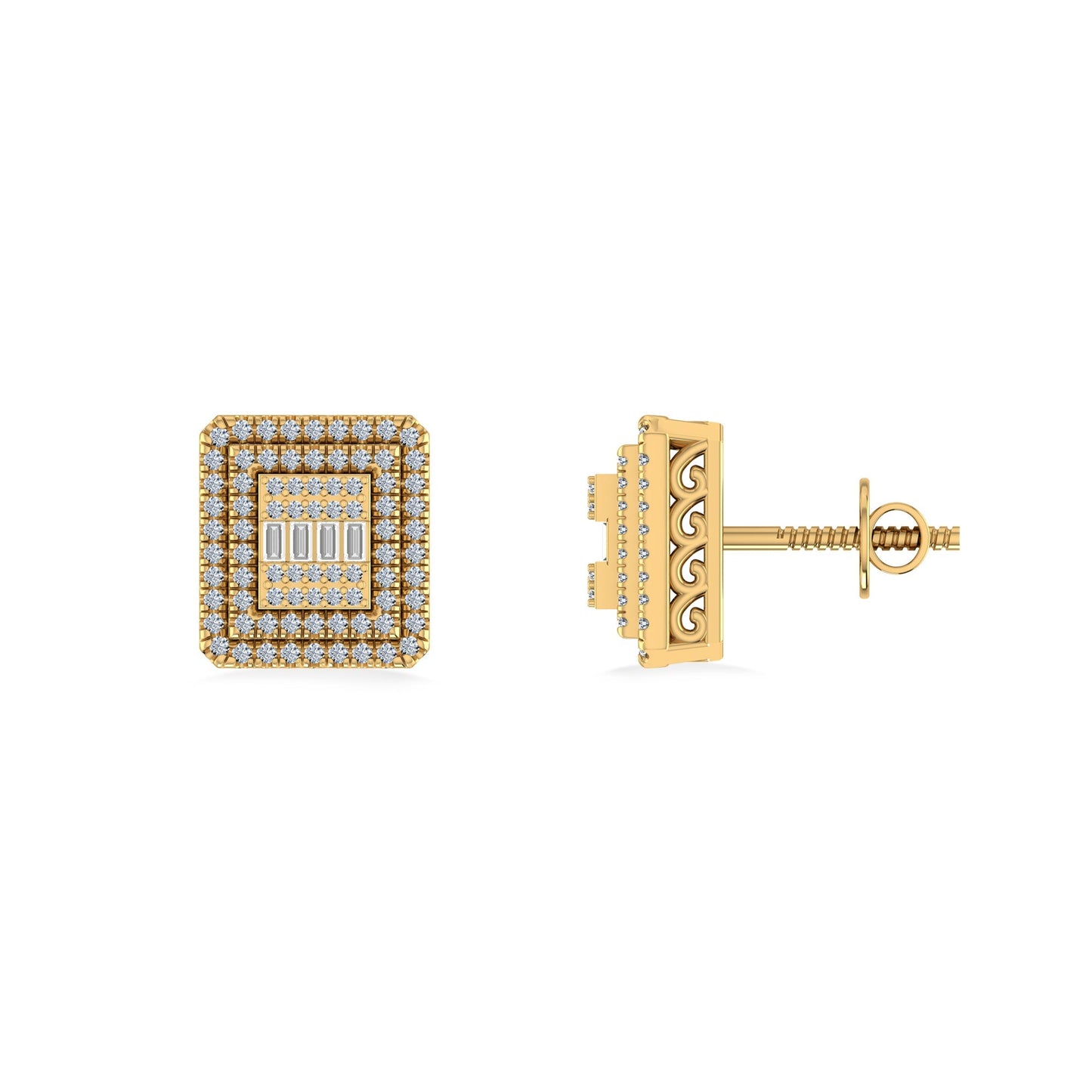 10K Yellow Gold Round Baguette Diamond Square Shape Designer Mens Stud Earring 3/8 Ctw