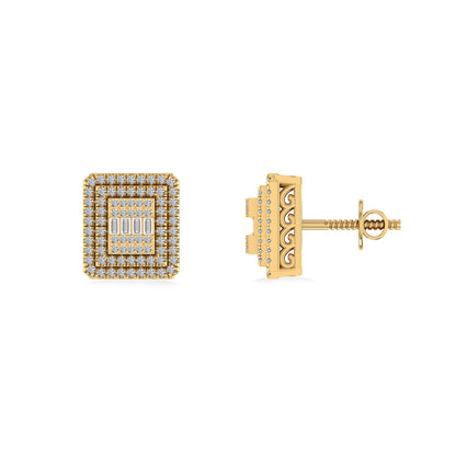 10K Yellow Gold Round Baguette Diamond Square Shape Designer Mens Stud Earring 3/8 Ctw