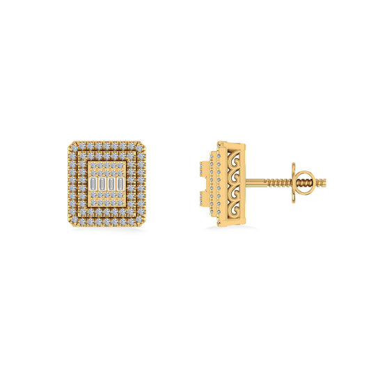 10K Yellow Gold Round Baguette Diamond Square Shape Designer Mens Stud Earring 3/8 Ctw