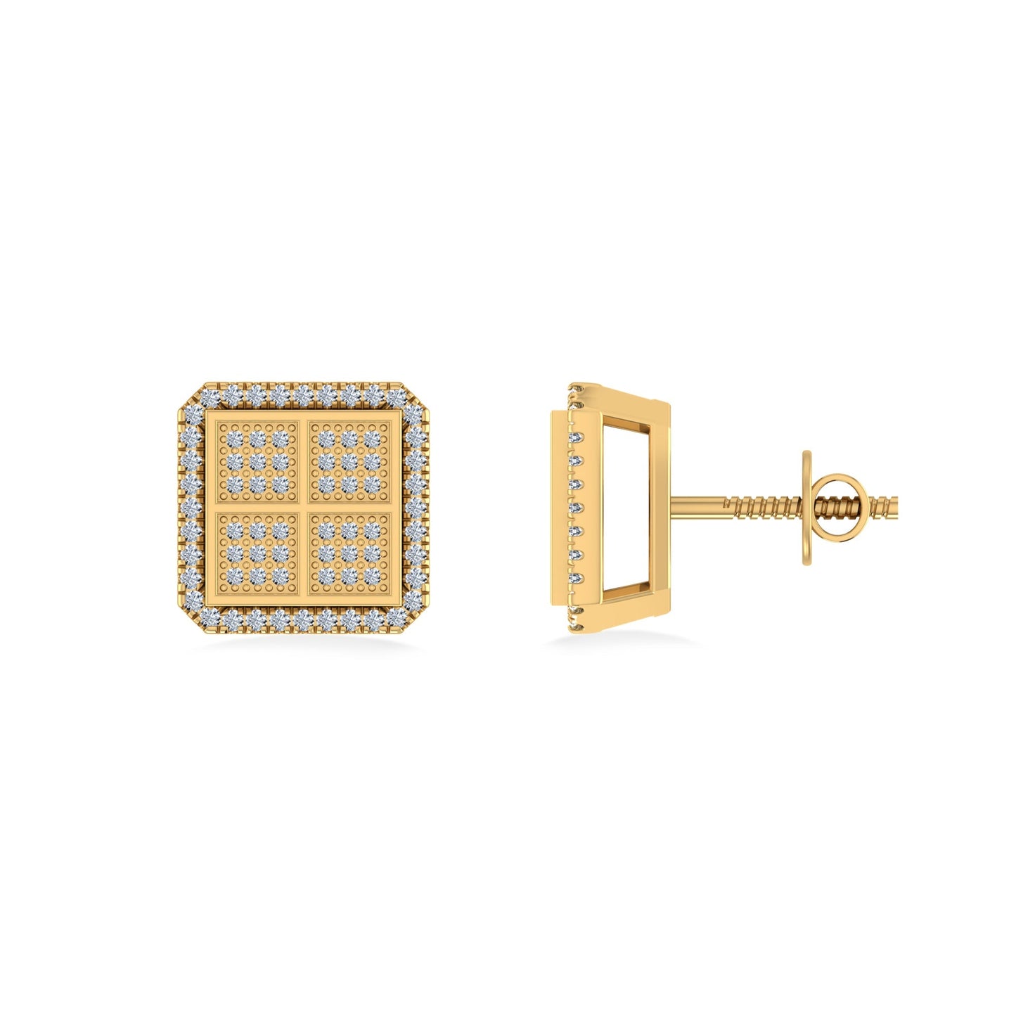 10K Yellow Gold Round Baguette Diamond Square Shape Designer Mens Stud Earring 1/5 Ctw