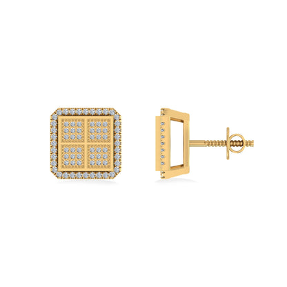 10K Yellow Gold Round Baguette Diamond Square Shape Designer Mens Stud Earring 1/5 Ctw