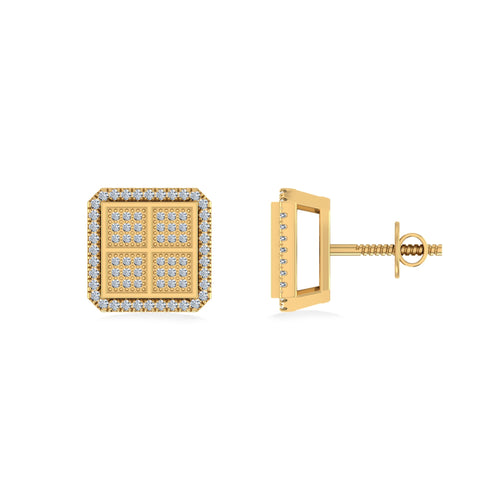 10K Yellow Gold Round Baguette Diamond Square Shape Designer Mens Stud Earring 1/5 Ctw