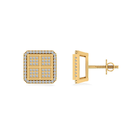 10K Yellow Gold Round Baguette Diamond Square Shape Designer Mens Stud Earring 1/5 Ctw