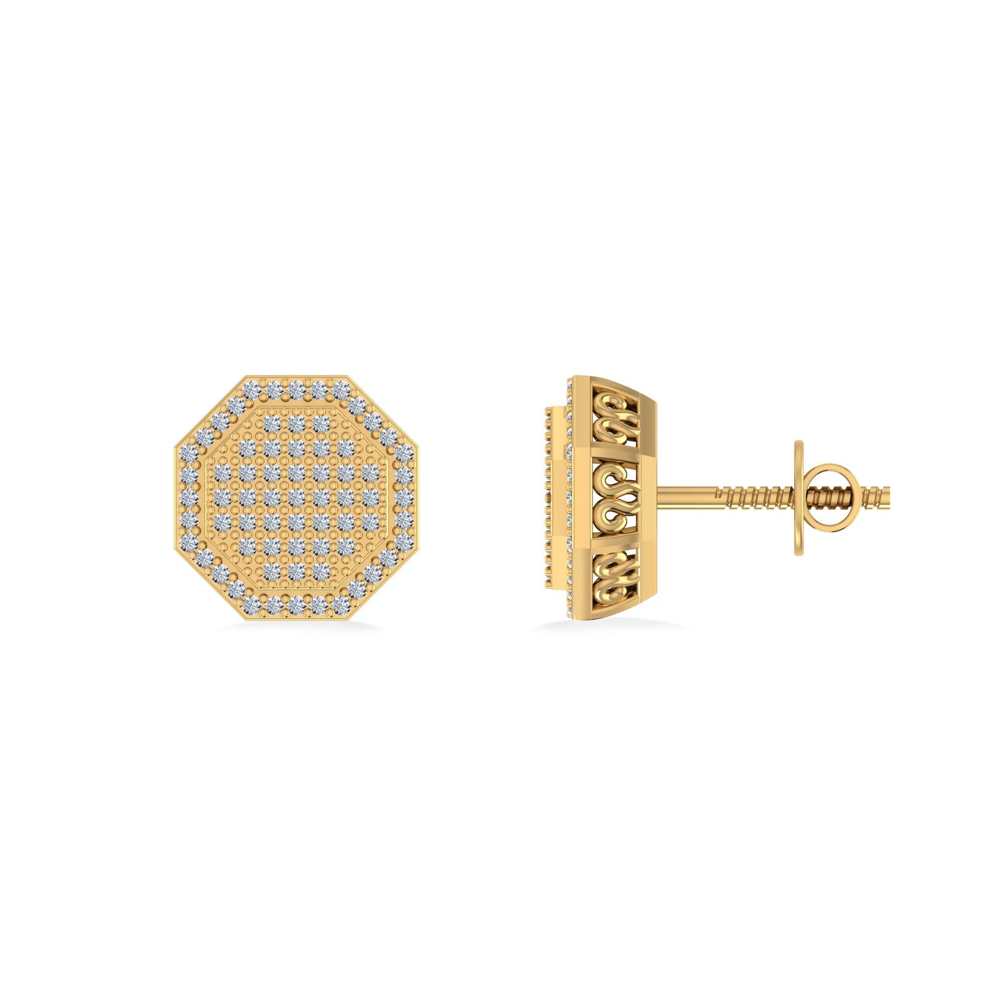 10K Yellow Gold Round Diamond Octagon Shape Designer Mens Stud Earring 1/4 Ctw