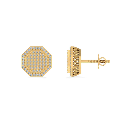 10K Yellow Gold Round Diamond Octagon Shape Designer Mens Stud Earring 1/4 Ctw