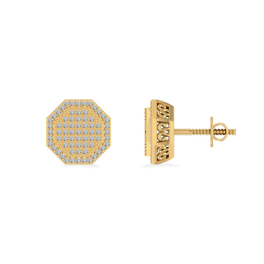 10K Yellow Gold Round Diamond Octagon Shape Designer Mens Stud Earring 1/4 Ctw