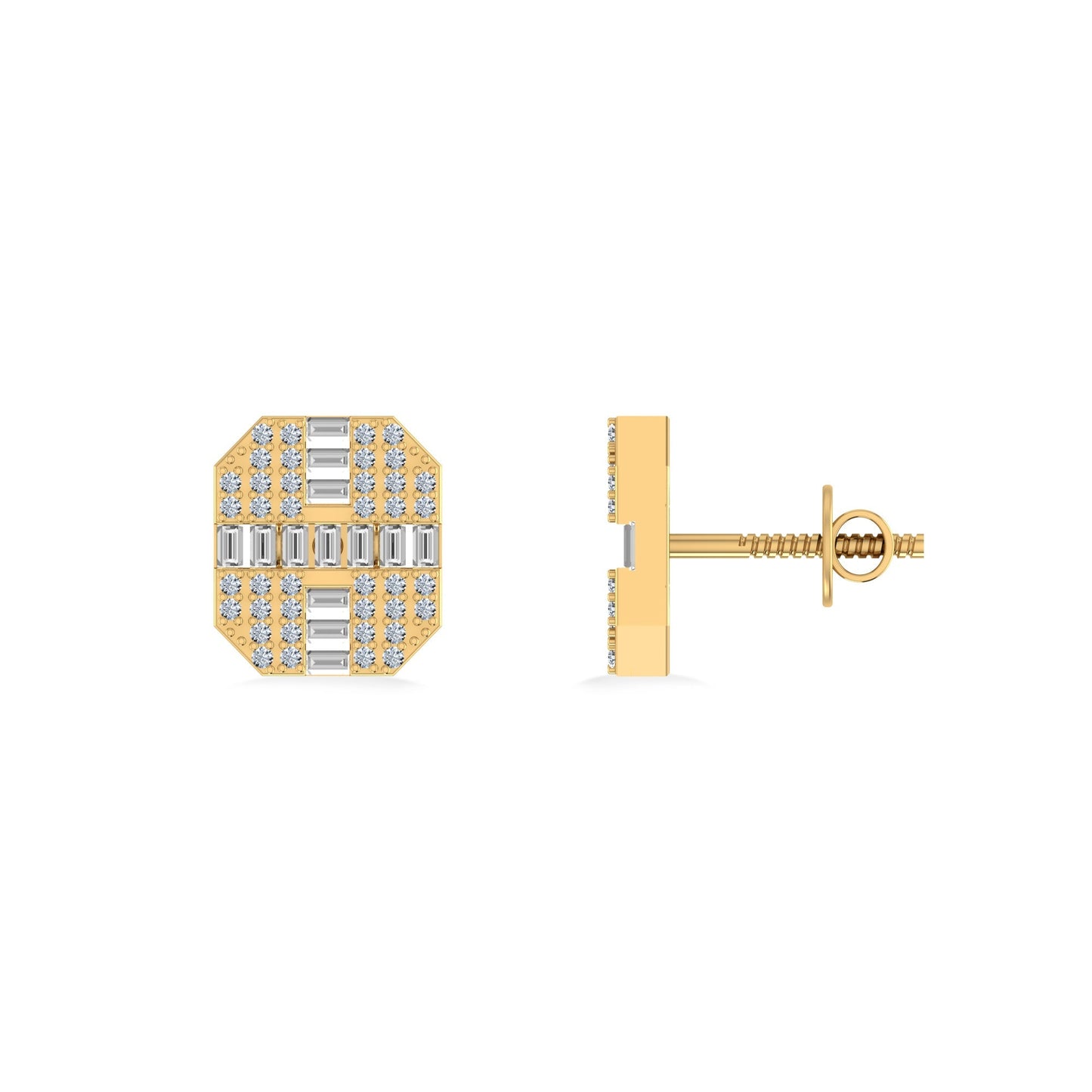 10K Yellow Gold Round Baguette Diamond Designer Mens Stud Earring 1/3 Ctw