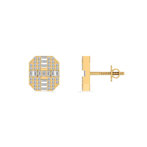 10K Yellow Gold Round Baguette Diamond Designer Mens Stud Earring 1/3 Ctw