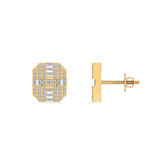 10K Yellow Gold Round Baguette Diamond Designer Mens Stud Earring 1/3 Ctw