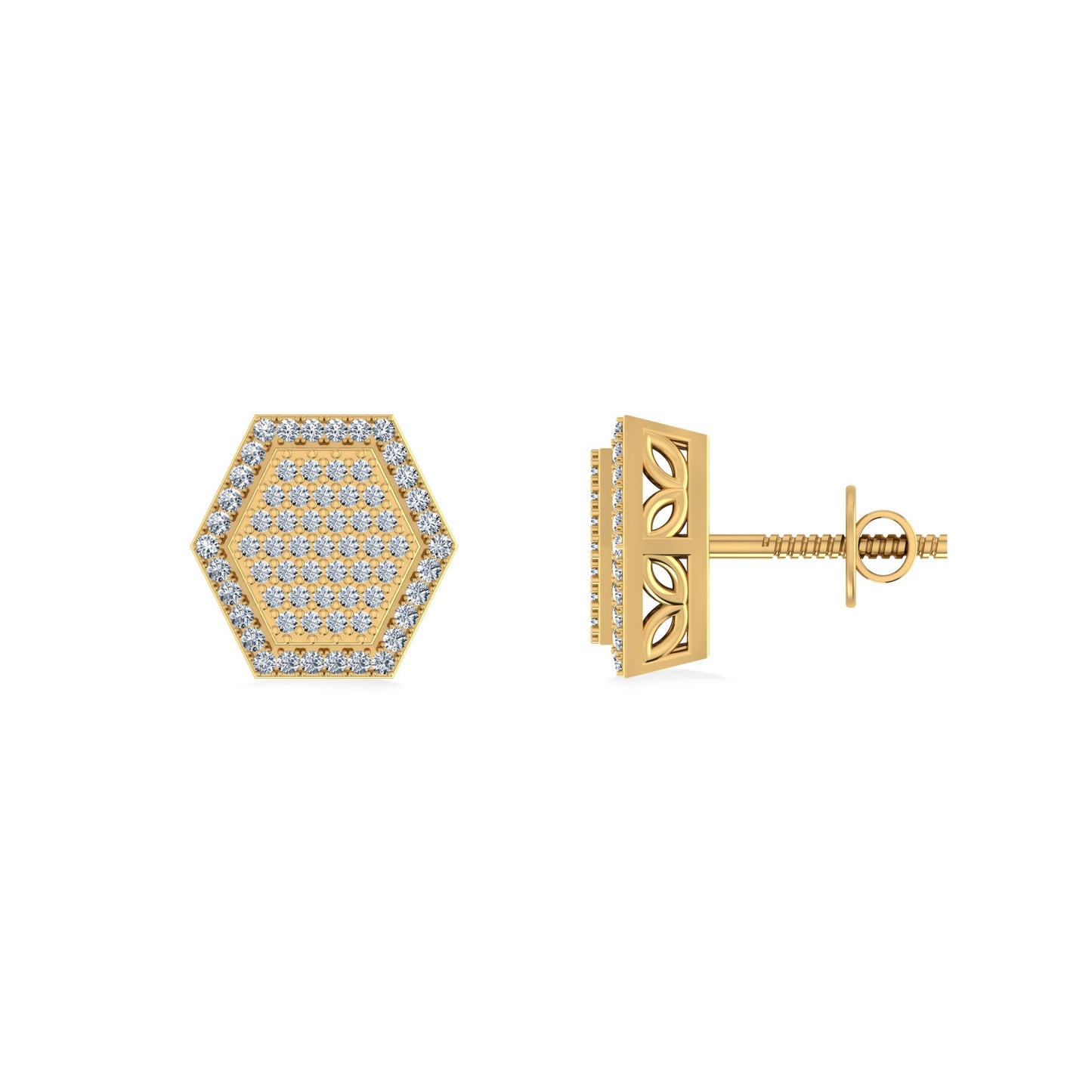 10K Yellow Gold Round Diamond Octagon Shape Designer Mens Stud Earring 1/5 Ctw