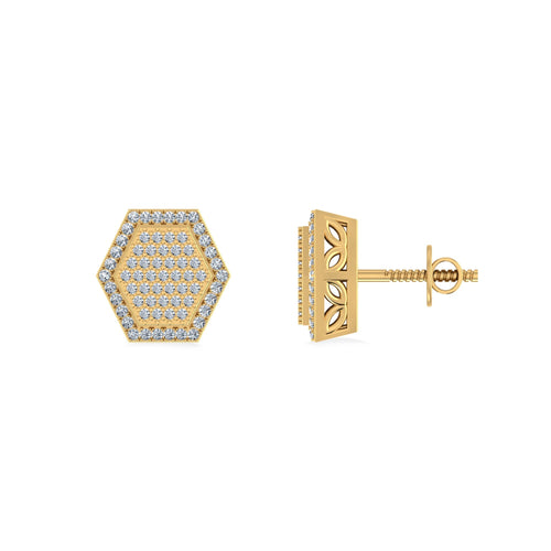 10K Yellow Gold Round Diamond Octagon Shape Designer Mens Stud Earring 1/5 Ctw