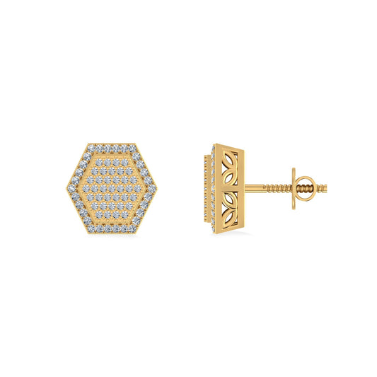 10K Yellow Gold Round Diamond Octagon Shape Designer Mens Stud Earring 1/5 Ctw
