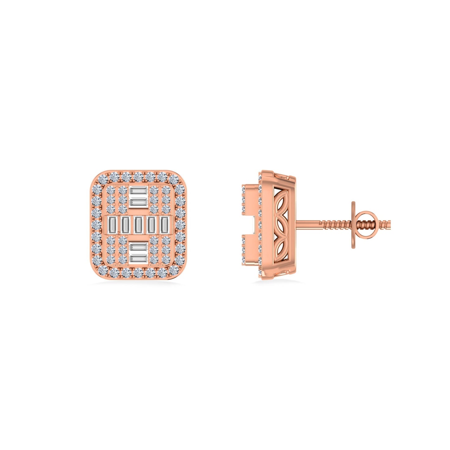 10K Rose Gold Round Baguette Diamond Square Shape Designer Mens Stud Earring 3/8 Ctw
