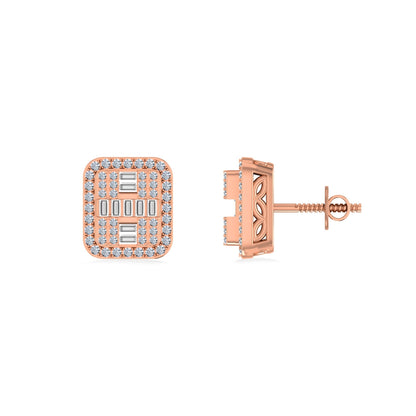 10K Rose Gold Round Baguette Diamond Square Shape Designer Mens Stud Earring 3/8 Ctw