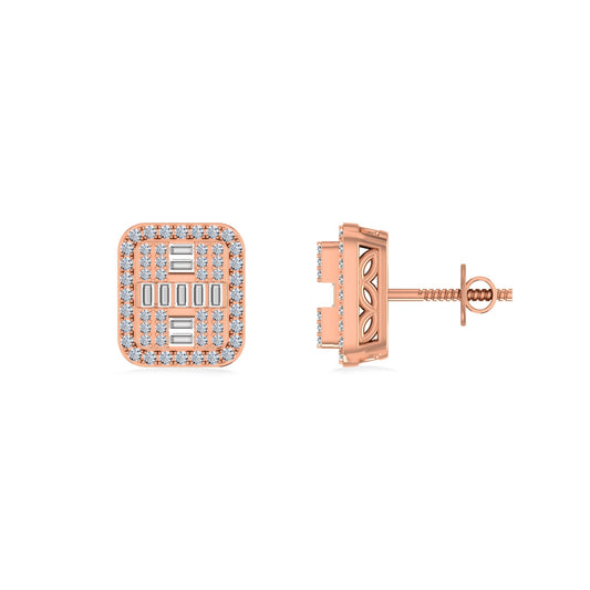 10K Rose Gold Round Baguette Diamond Square Shape Designer Mens Stud Earring 3/8 Ctw