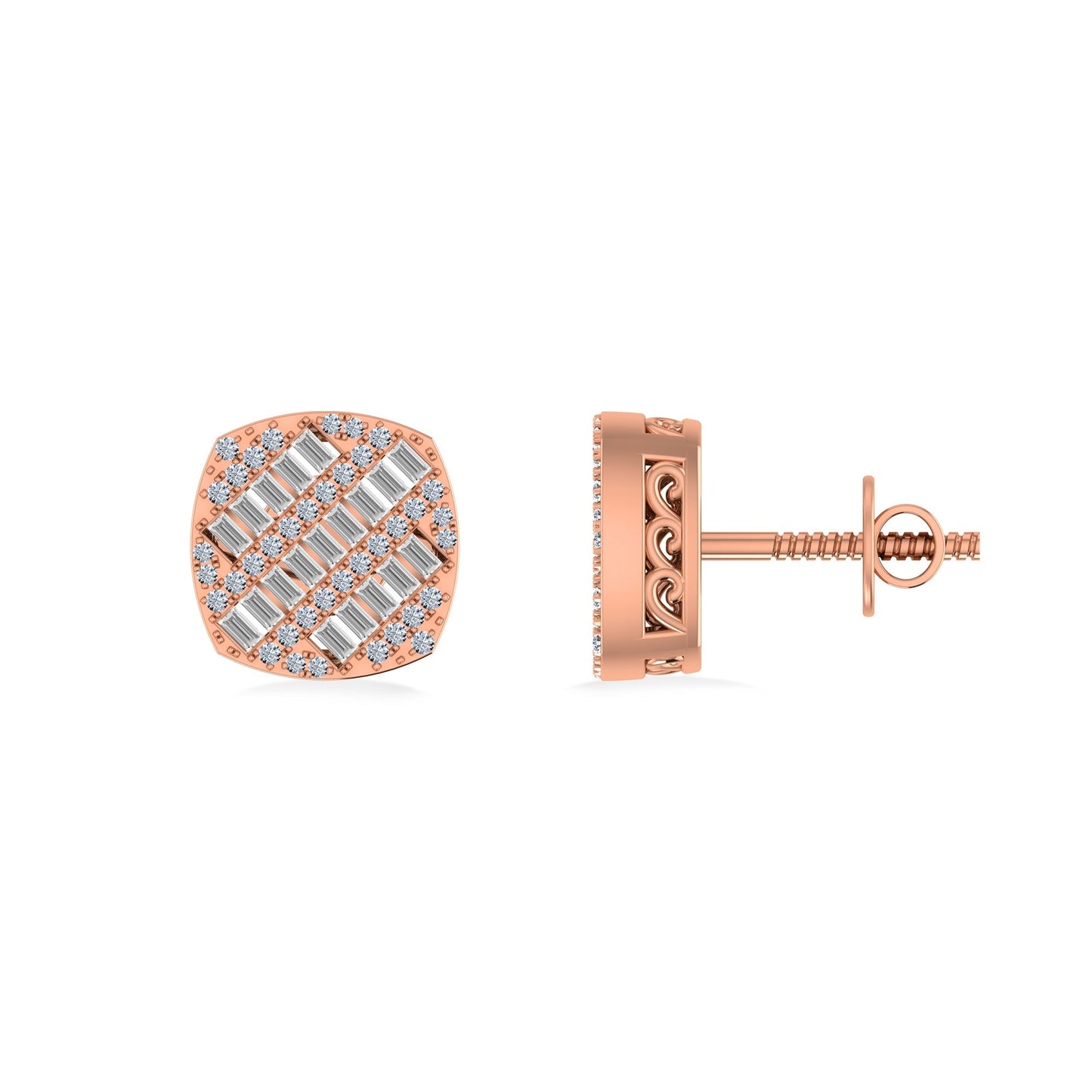 10K Rose Gold Round Baguette Diamond Square Shape Designer Mens Stud Earring 1/3 Ctw