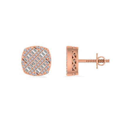 10K Rose Gold Round Baguette Diamond Square Shape Designer Mens Stud Earring 1/3 Ctw