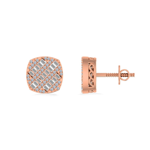 10K Rose Gold Round Baguette Diamond Square Shape Designer Mens Stud Earring 1/3 Ctw