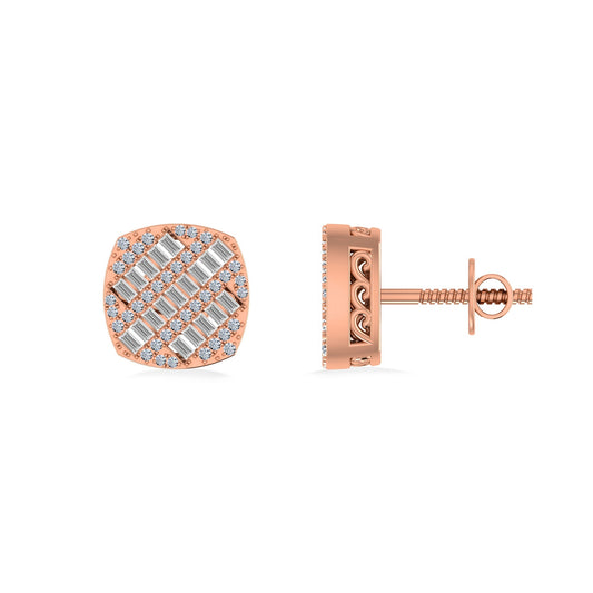 10K Rose Gold Round Baguette Diamond Square Shape Designer Mens Stud Earring 1/3 Ctw