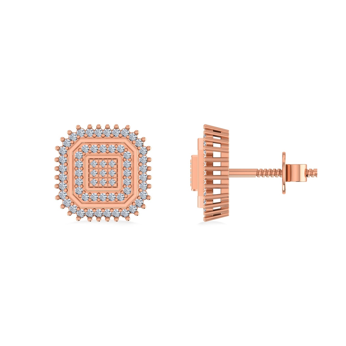 10K Rose Gold Round Diamond Square Shape Designer Mens Stud Earring 1/5 Ctw