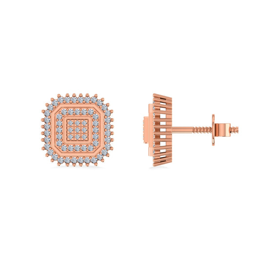 10K Rose Gold Round Diamond Square Shape Designer Mens Stud Earring 1/5 Ctw