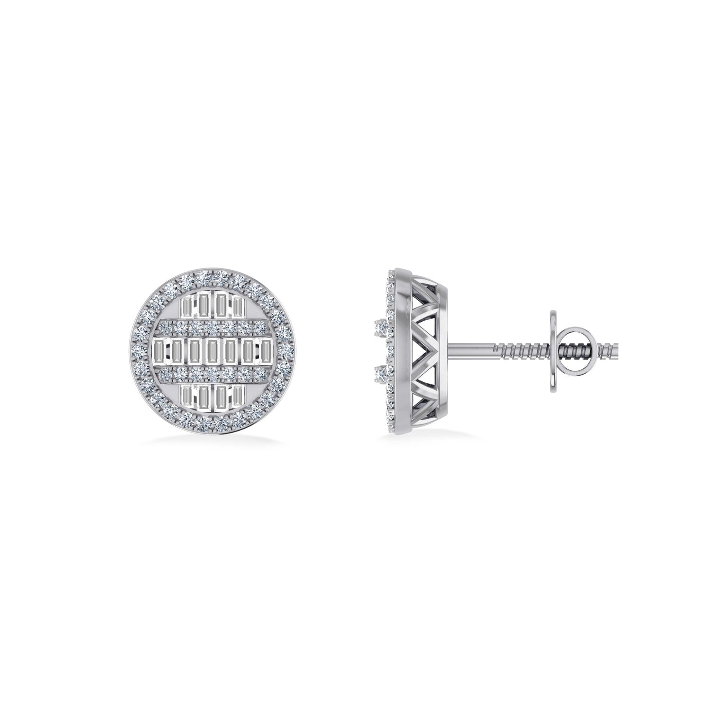 10K White Gold Round Baguette Diamond Designer Mens Stud Earring 3/8 Ctw