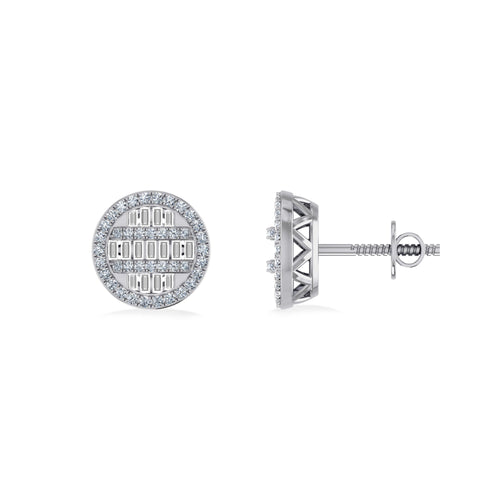 10K White Gold Round Baguette Diamond Designer Mens Stud Earring 3/8 Ctw
