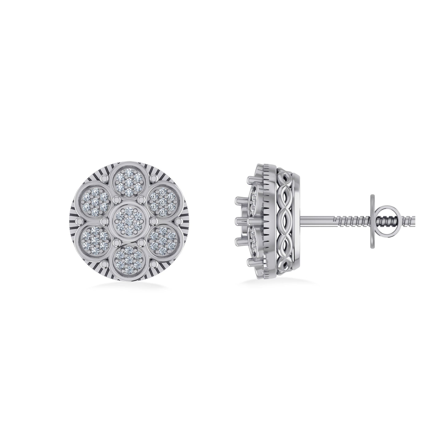 10K White Gold Round Diamond Flower Designer Mens Stud Earring 1/8 Ctw