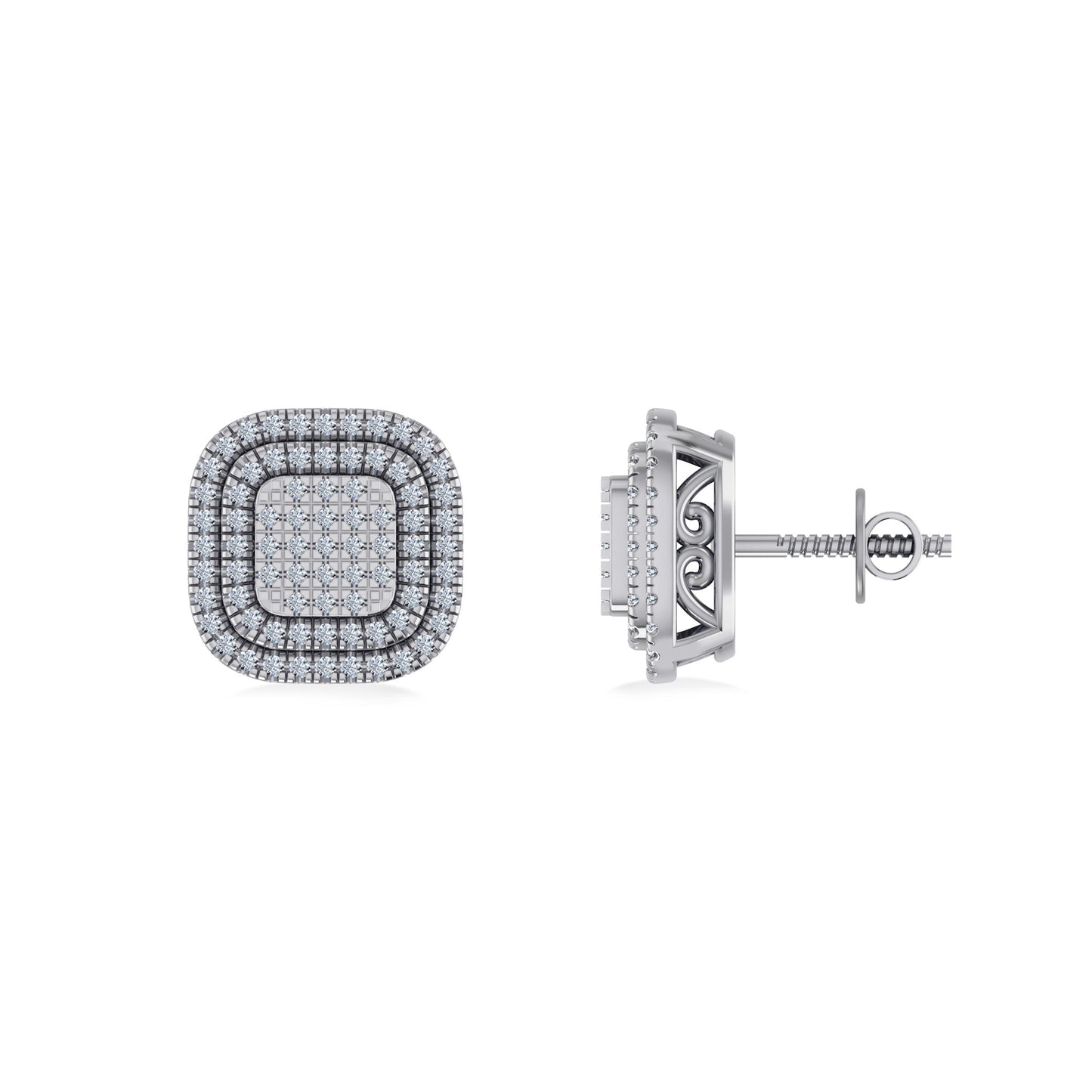 10K White Gold Round Diamond Square Shape Designer Mens Halo Stud Earring 1/3 Ctw