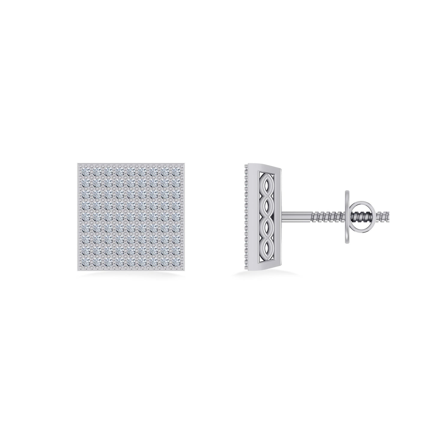 10K White Gold Round Diamond Square Shape Designer Mens Stud Earring 3/8 Ctw