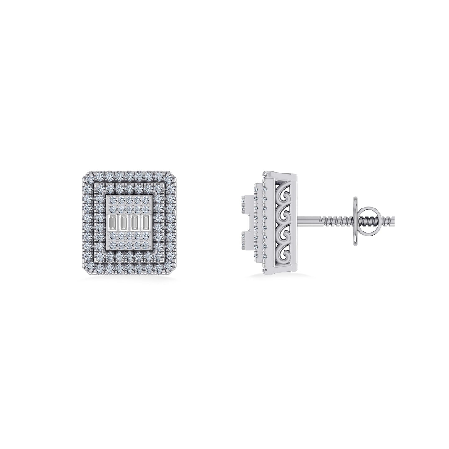 10K White Gold Round Baguette Diamond Square Shape Designer Mens Stud Earring 3/8 Ctw