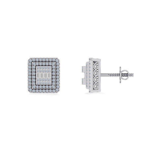 10K White Gold Round Baguette Diamond Square Shape Designer Mens Stud Earring 3/8 Ctw