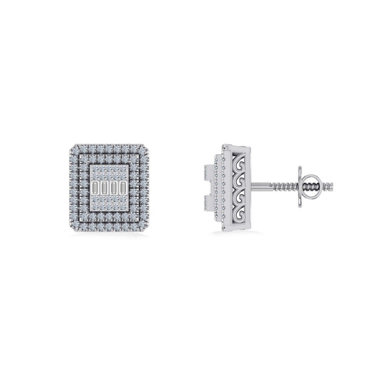 10K White Gold Round Baguette Diamond Square Shape Designer Mens Stud Earring 3/8 Ctw