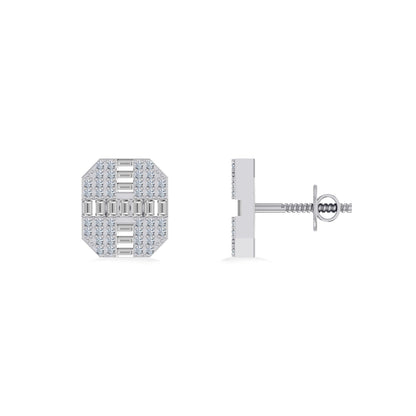 10K White Gold Round Baguette Diamond Designer Mens Stud Earring 1/3 Ctw