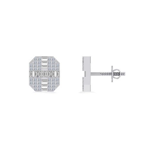 10K White Gold Round Baguette Diamond Designer Mens Stud Earring 1/3 Ctw