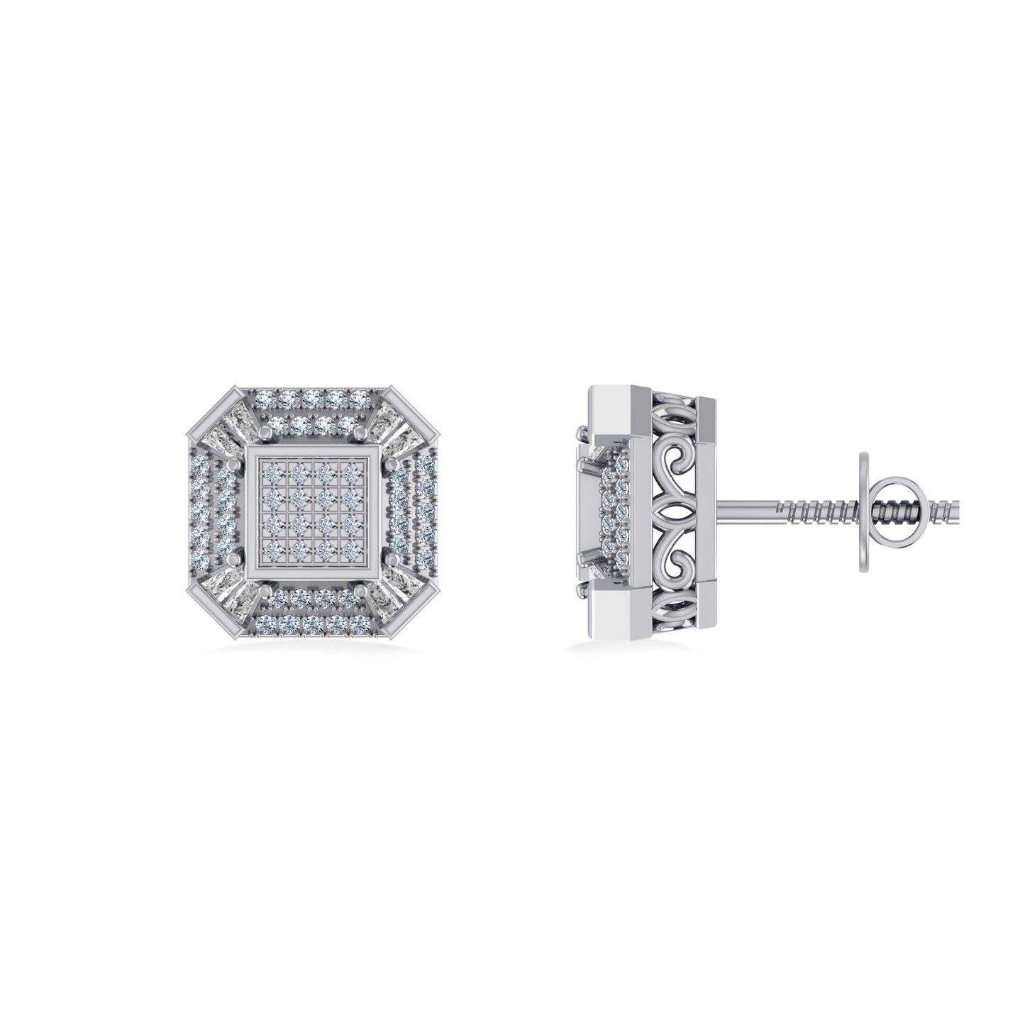 10K White Gold Round Baguette Diamond Designer Mens Stud Earring 1/4 Ctw