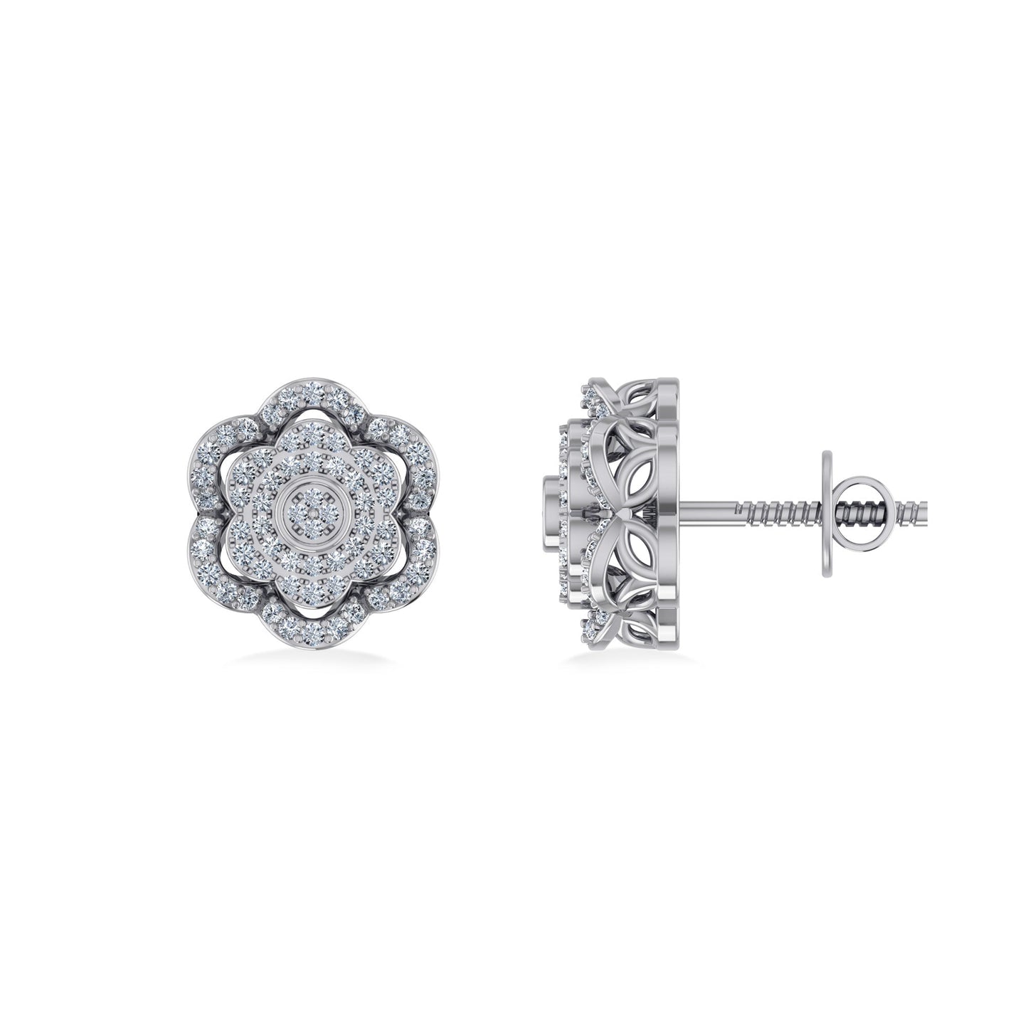 10K White Gold Round Diamond Floral Designer Mens Stud Earring 1/5 Ctw