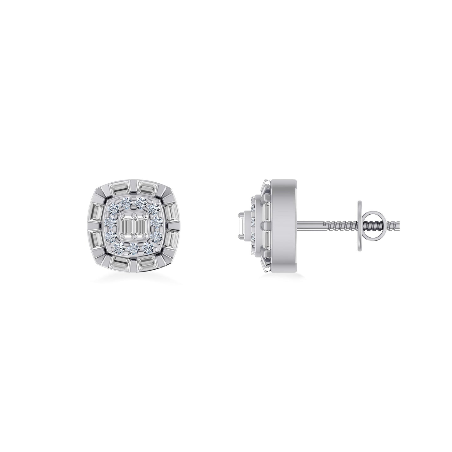 10K White Gold Round Baguette Diamond Square Designer Earring 1/4 Ctw
