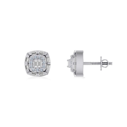 10K White Gold Round Baguette Diamond Square Designer Earring 1/4 Ctw