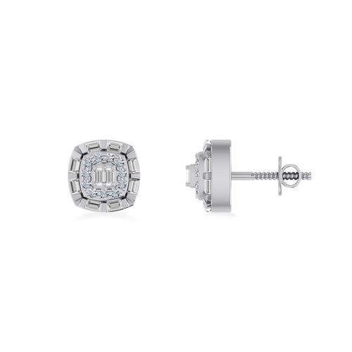10K White Gold Round Baguette Diamond Square Designer Earring 1/4 Ctw