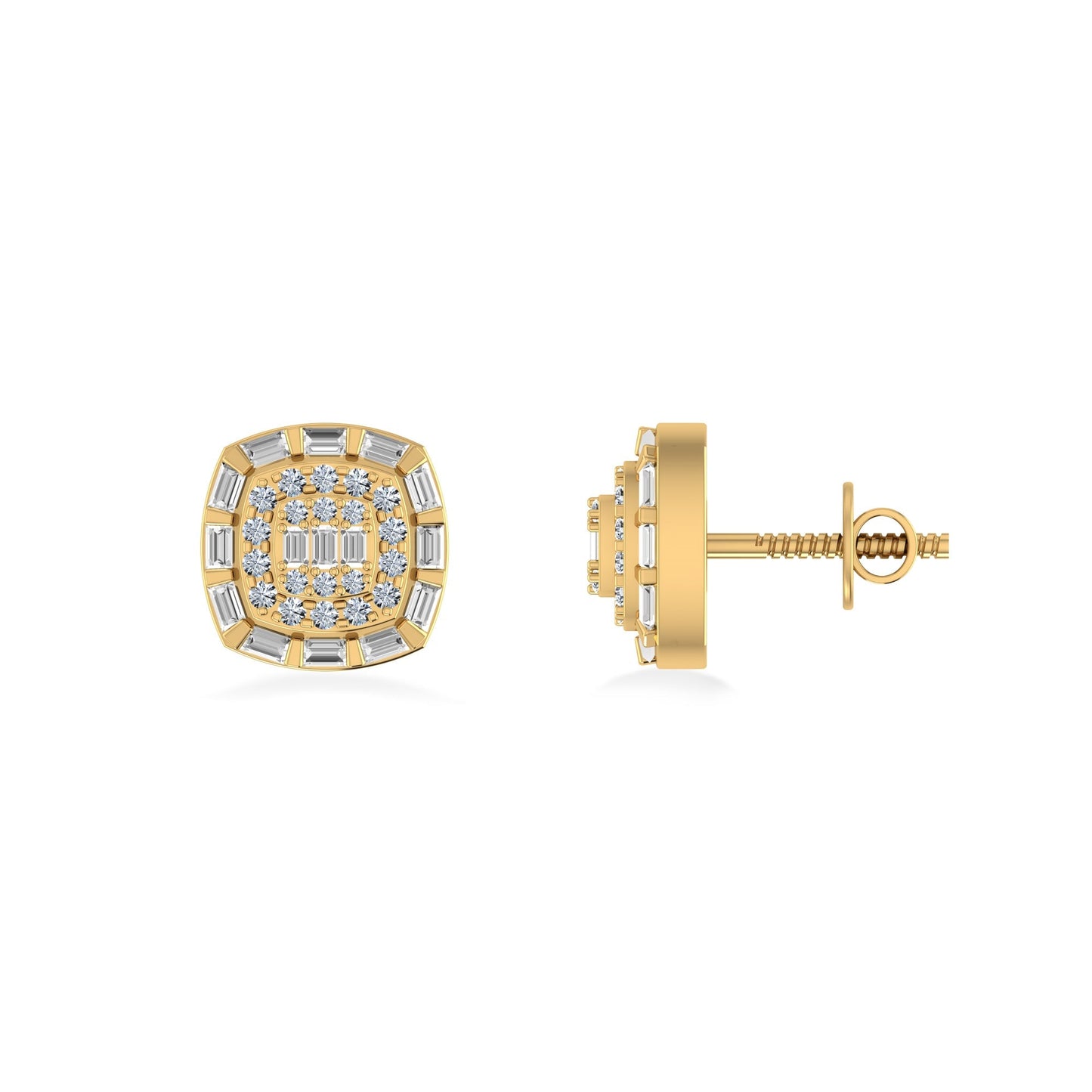 10K Yellow Gold Round Baguette Diamond Square Designer Earring 1/2 Ctw
