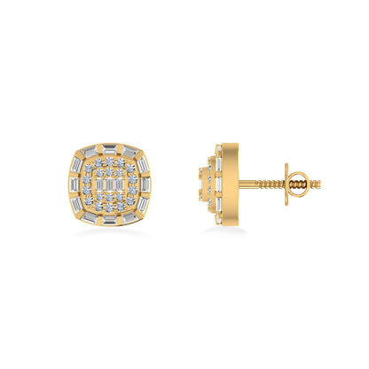 10K Yellow Gold Round Baguette Diamond Square Designer Earring 1/2 Ctw