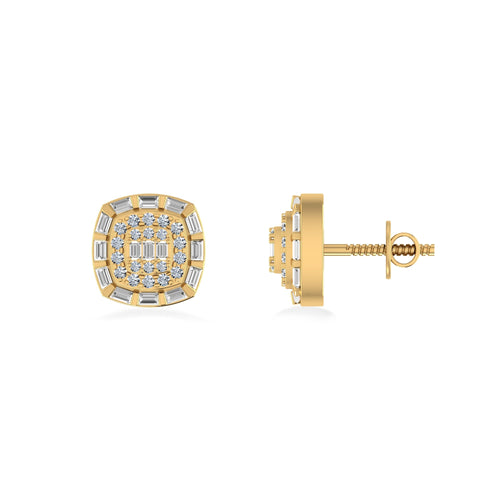 10K Yellow Gold Round Baguette Diamond Square Designer Earring 1/2 Ctw