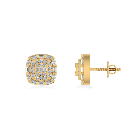 10K Yellow Gold Round Baguette Diamond Square Designer Earring 1/2 Ctw