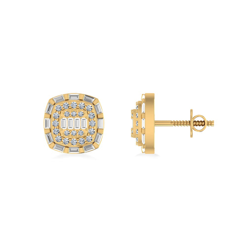 10K Yellow Gold Round Baguette Diamond Square Designer Earring 3/4 Ctw