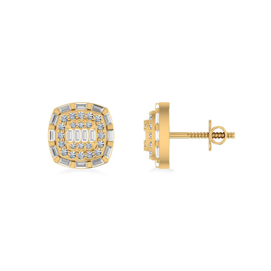10K Yellow Gold Round Baguette Diamond Square Designer Earring 3/4 Ctw