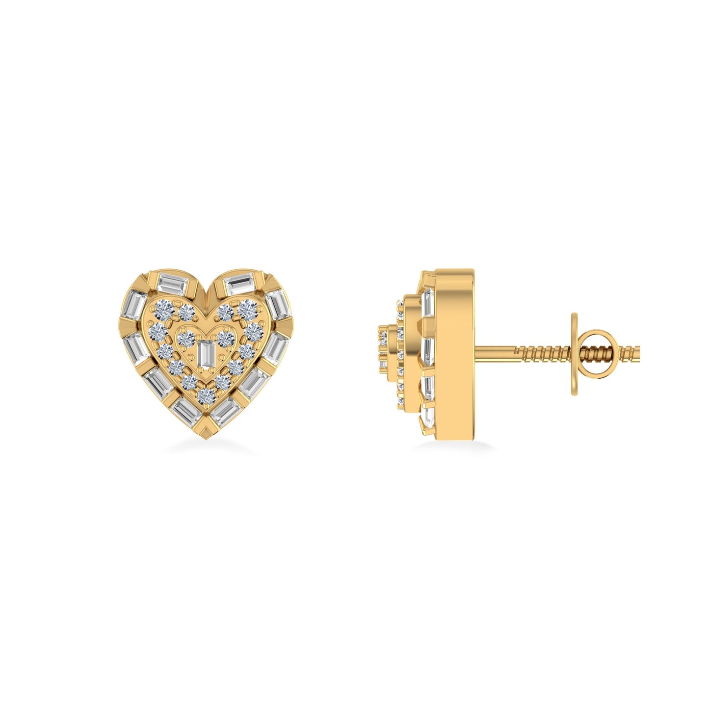 10K Yellow Gold Round Baguette Diamond Heart Designer Earring 1/4 Ctw