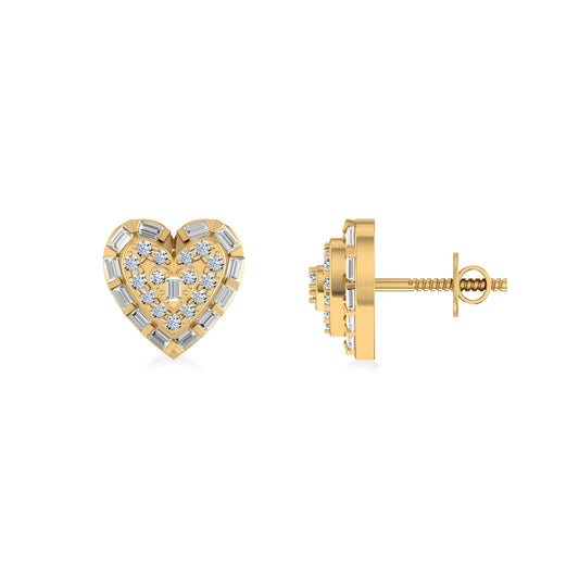 10K Yellow Gold Round Baguette Diamond Heart Designer Earring 3/8 Ctw