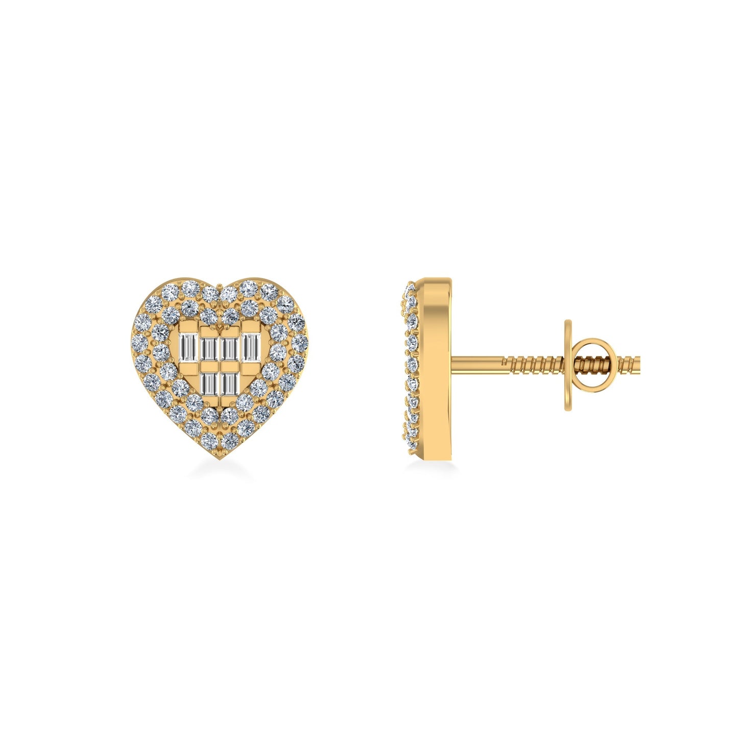 10K Yellow Gold Round Baguette Diamond Halo Heart Designer Earring 1/3 Ctw